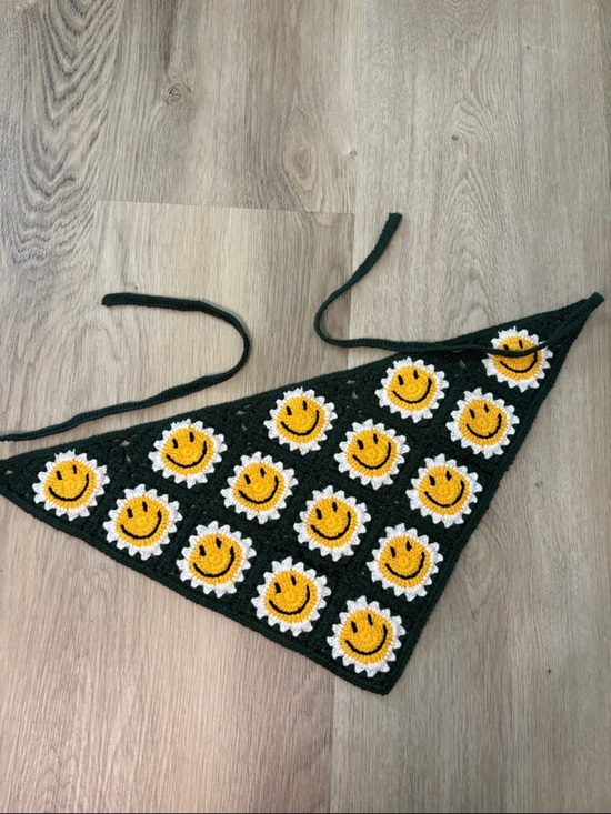 Accessories - Smiley Face Crochet Hair Bandana - Dark Green & Yellow Boho Kerchief festival